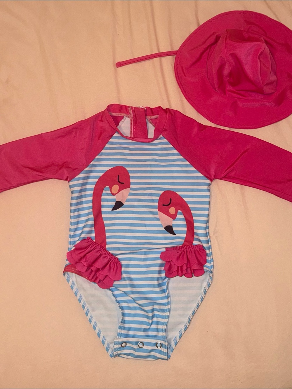 Girls Pink & Light Blue Flamingo Rash Guard Swimsuit with Hat